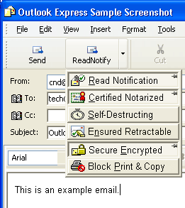 Screen shot of the SelfDestructingEmail for Outlook Express Email Plugin popup menu