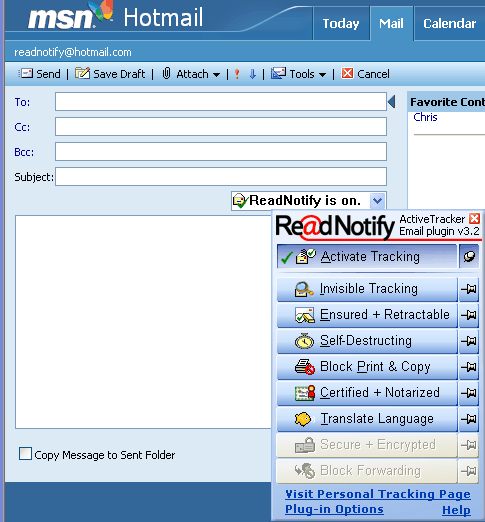 Hotmail Screen shot of the SelfDestructingEmail Plugin